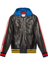 Load image into Gallery viewer, Gucci stripe leather bomber with hood
